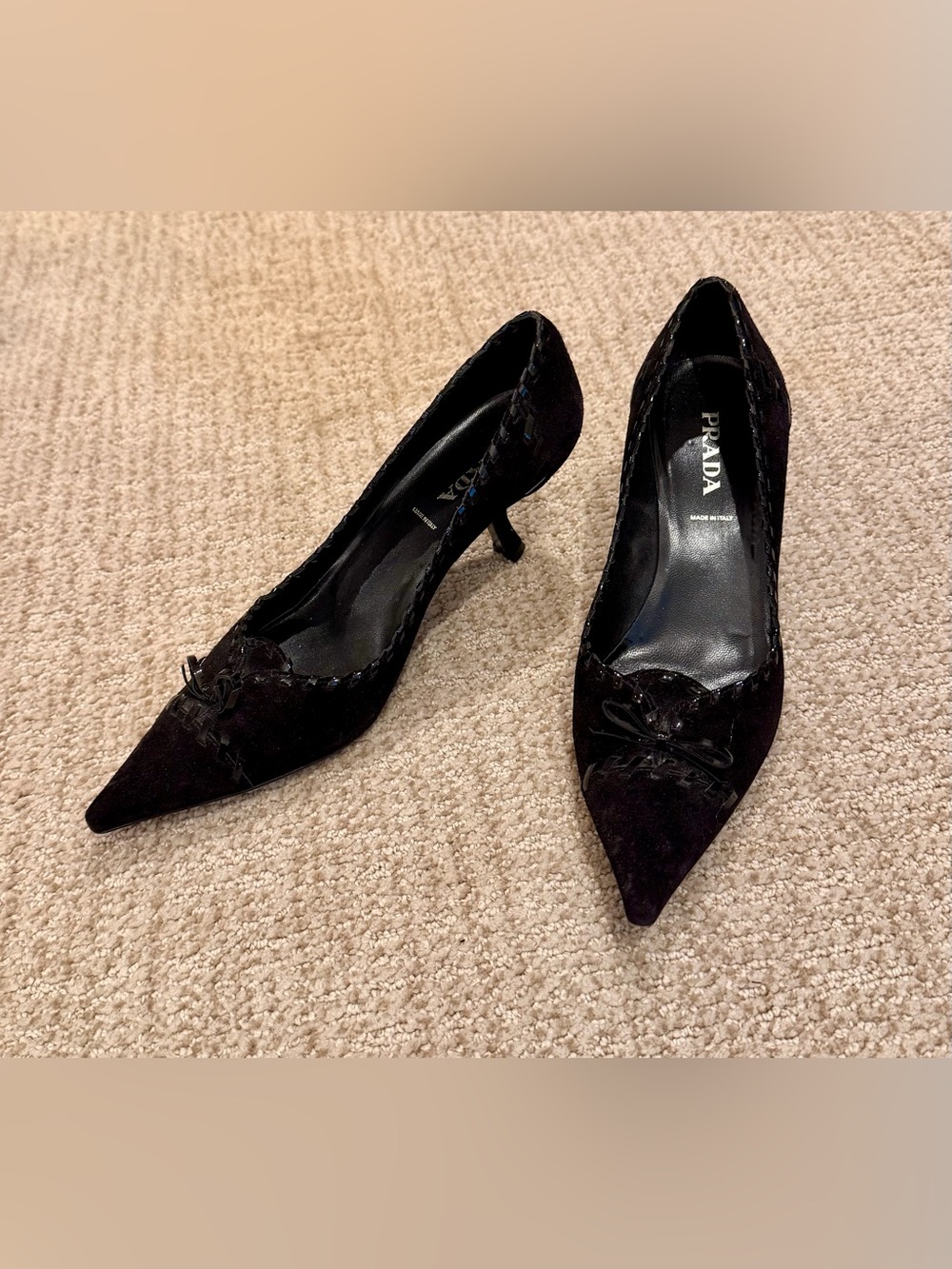 Prada Black Suede Pointed-Toe Low Heel Pumps with Braided Patent Leather Trim